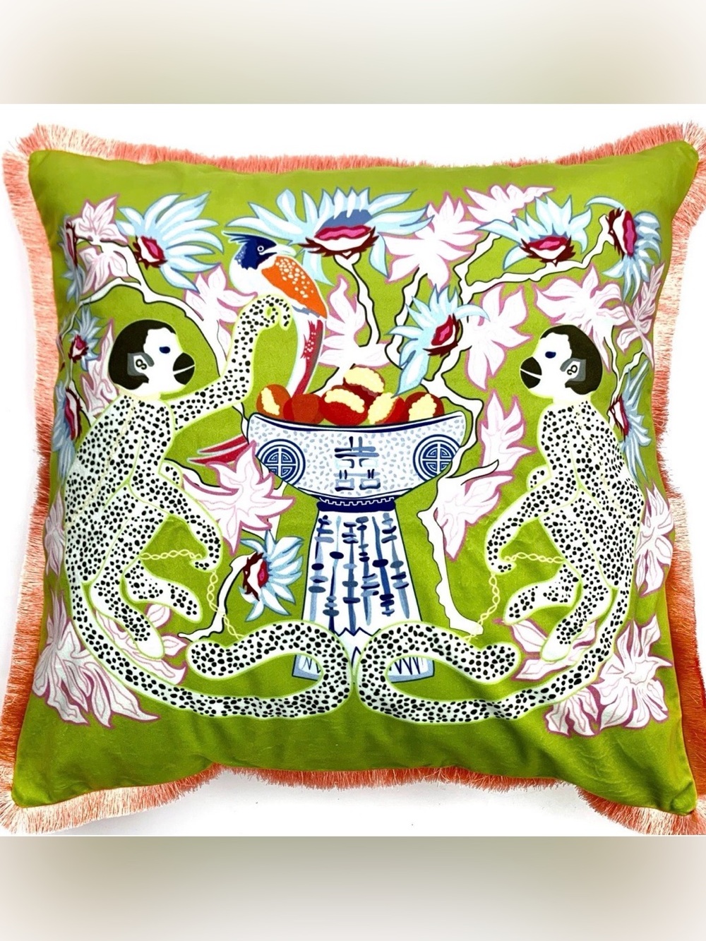 Decorative Silk Pillow with Playful Monkey & Floral Motif - Lime Green 20x20”